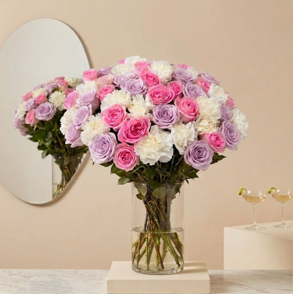 Boeket van witte, roze en lila rozen en anjers in een glazen vaas